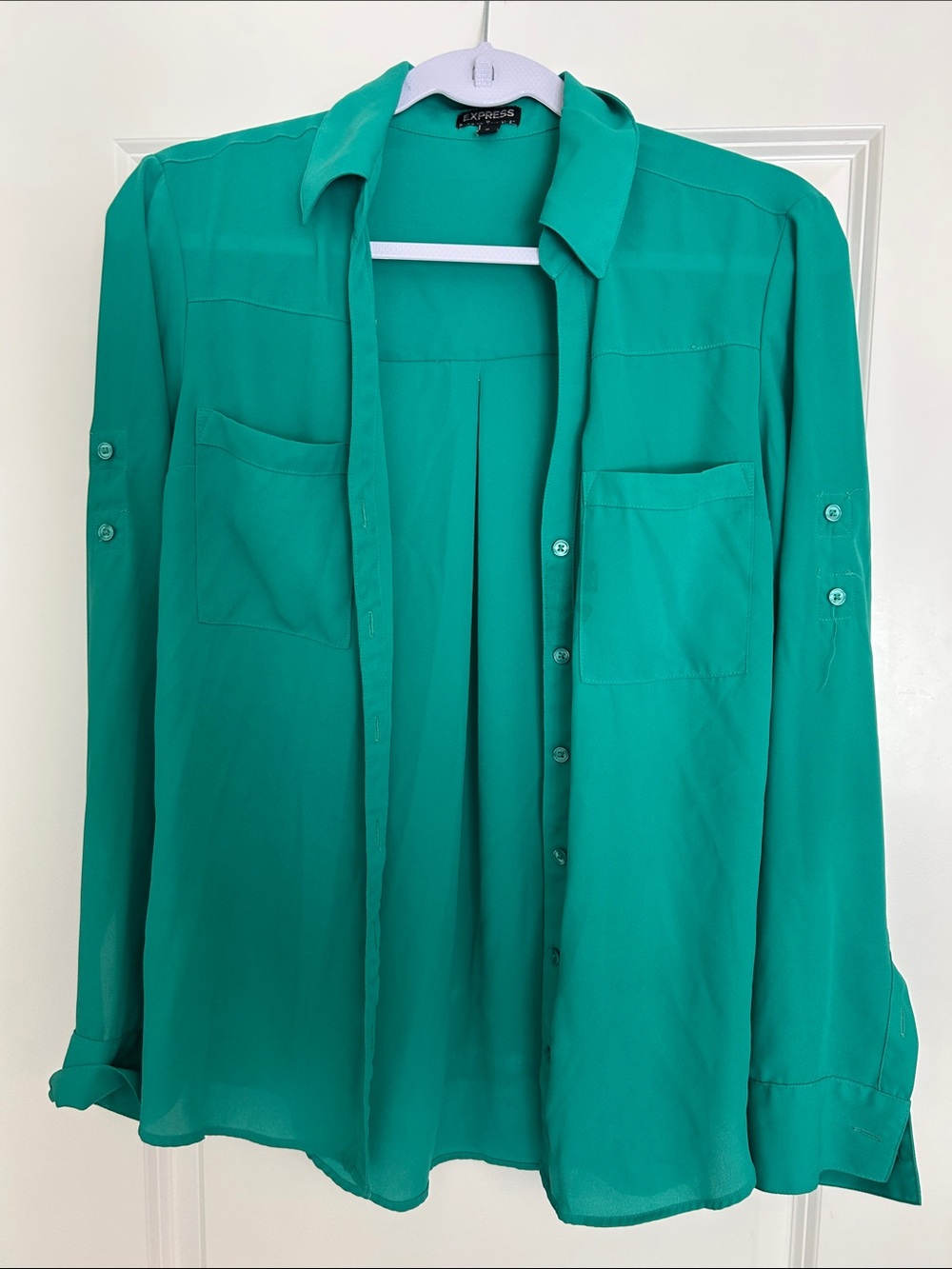 Express Teal Green Button-Up Pocket Portifino Blouse